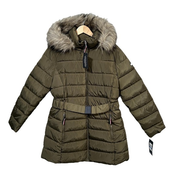 Tommy Hilfiger Women's Fur Mid-Length Puffer Hooded Belt Jacket XL Olive Green - Picture 2 of 7